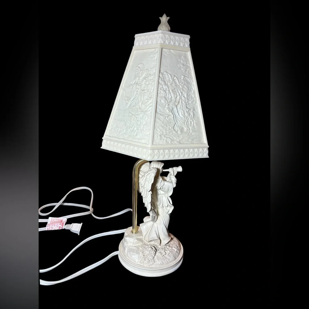 Vintage Angel Table Lamp Cream White Relief Shade Cherub Base Cottage Decor